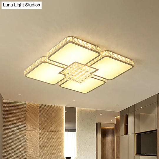 Contemporary Chrome Led Crystal Ceiling Lamp With Warm/White Light - Square Flush Mount / Warm