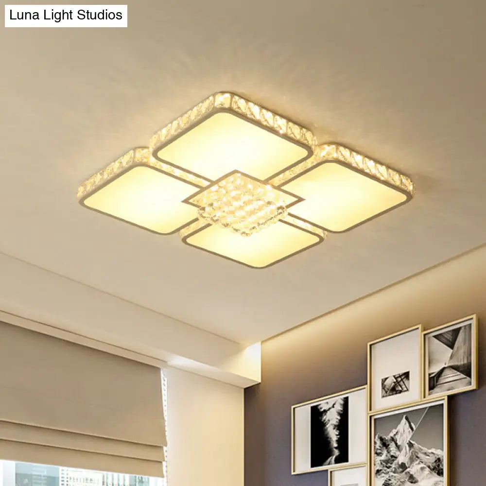 Contemporary Chrome Led Crystal Ceiling Lamp With Warm/White Light - Square Flush Mount