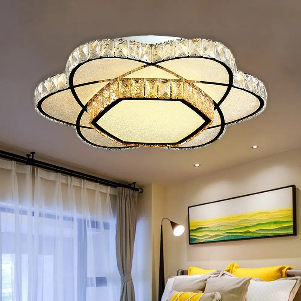 Contemporary Chrome Led Flush Mount Ceiling Light With Crystal Bloom Design For Dining Room