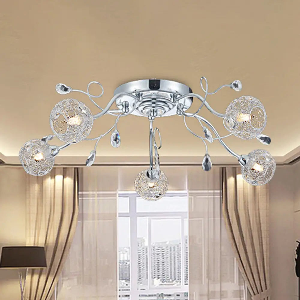 Contemporary Chrome Led Semi Mount Ceiling Light With Metal Mesh Shade – Stylish 5 - Light