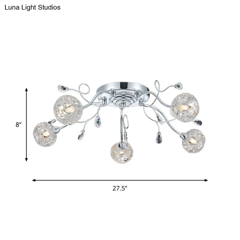 Contemporary Chrome Led Semi Mount Ceiling Light With Metal Mesh Shade Stylish 5-Light Fixture For