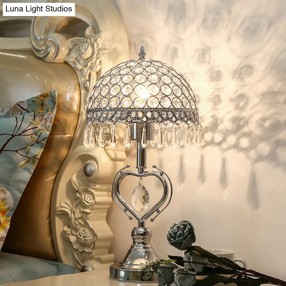 Contemporary Chrome Metal Table Lamp With Crystal-Encrusted Half Sphere Design And Droplets - 1 Head