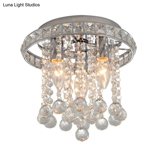 Contemporary Chrome Round Ceiling Light With Crystal Accents - 3 Bulb Living Room Mount