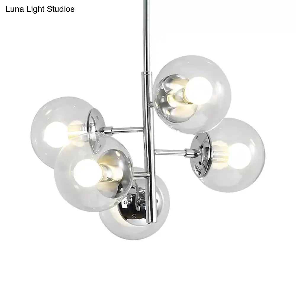 Contemporary Chrome Sphere Chandelier - 5-Light Clear Glass Pendant Fixture