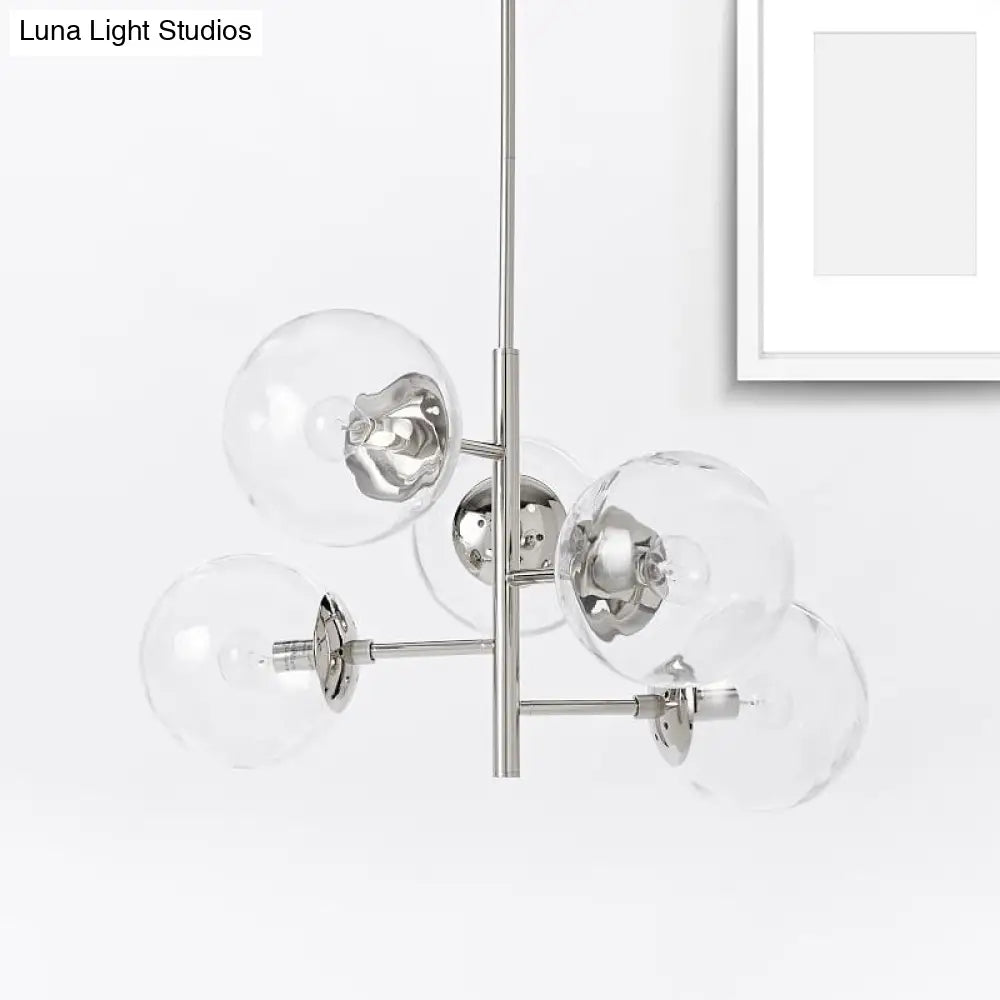 Contemporary Chrome Sphere Chandelier - 5-Light Clear Glass Pendant Fixture