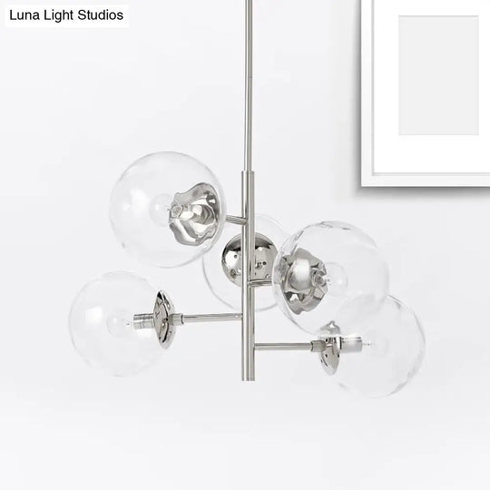 Contemporary Chrome Sphere Chandelier - 5-Light Clear Glass Pendant Fixture