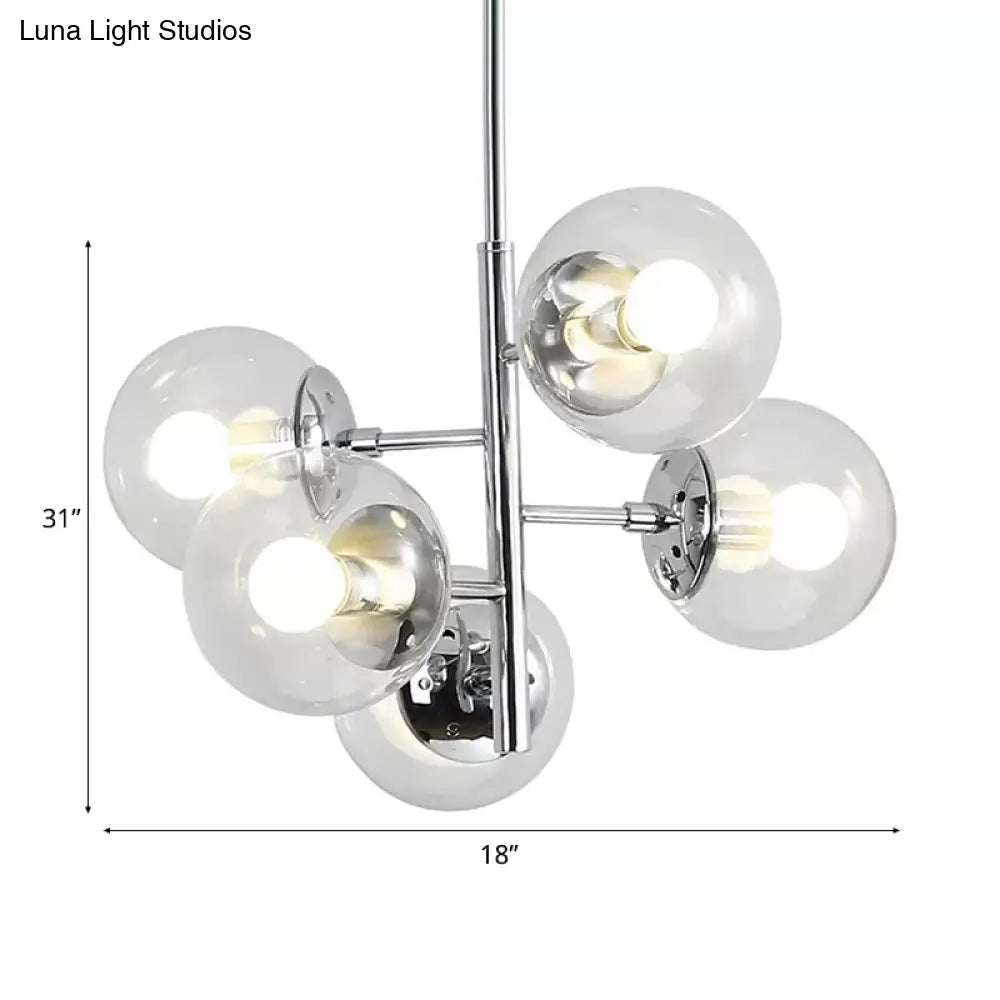 Contemporary Chrome Sphere Chandelier - 5-Light Clear Glass Pendant Fixture