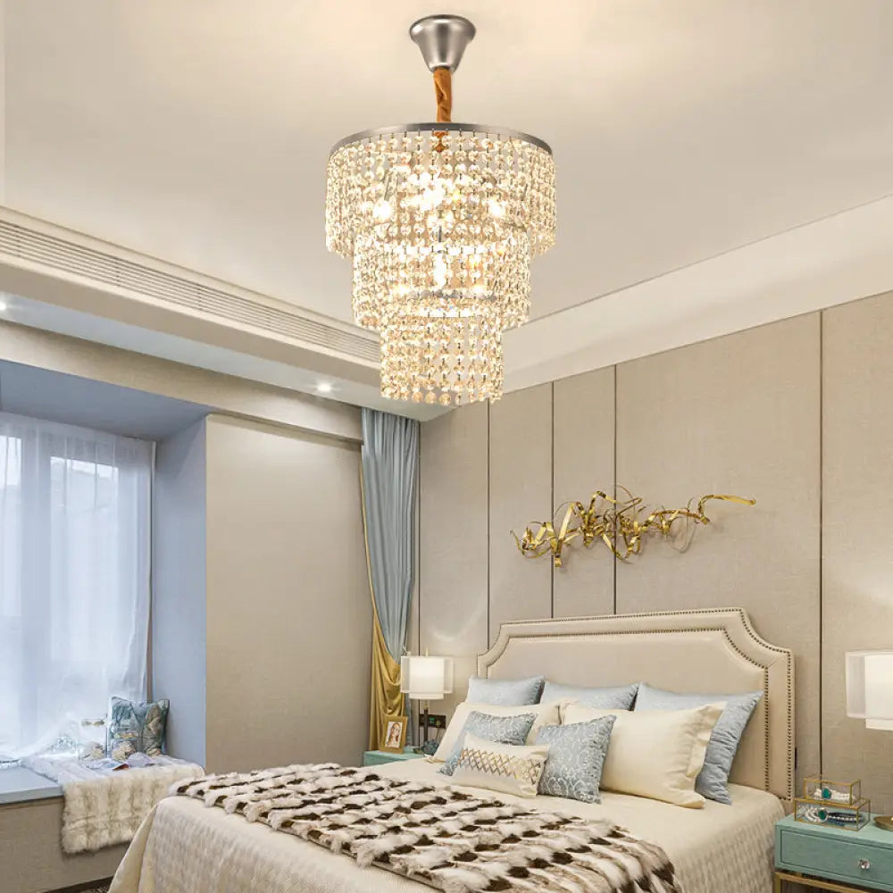 Contemporary Chrome Tiered Chandelier With Clear Crystal - 4/5/6 Lights 12’/16’/21.5’ Wide / 16’