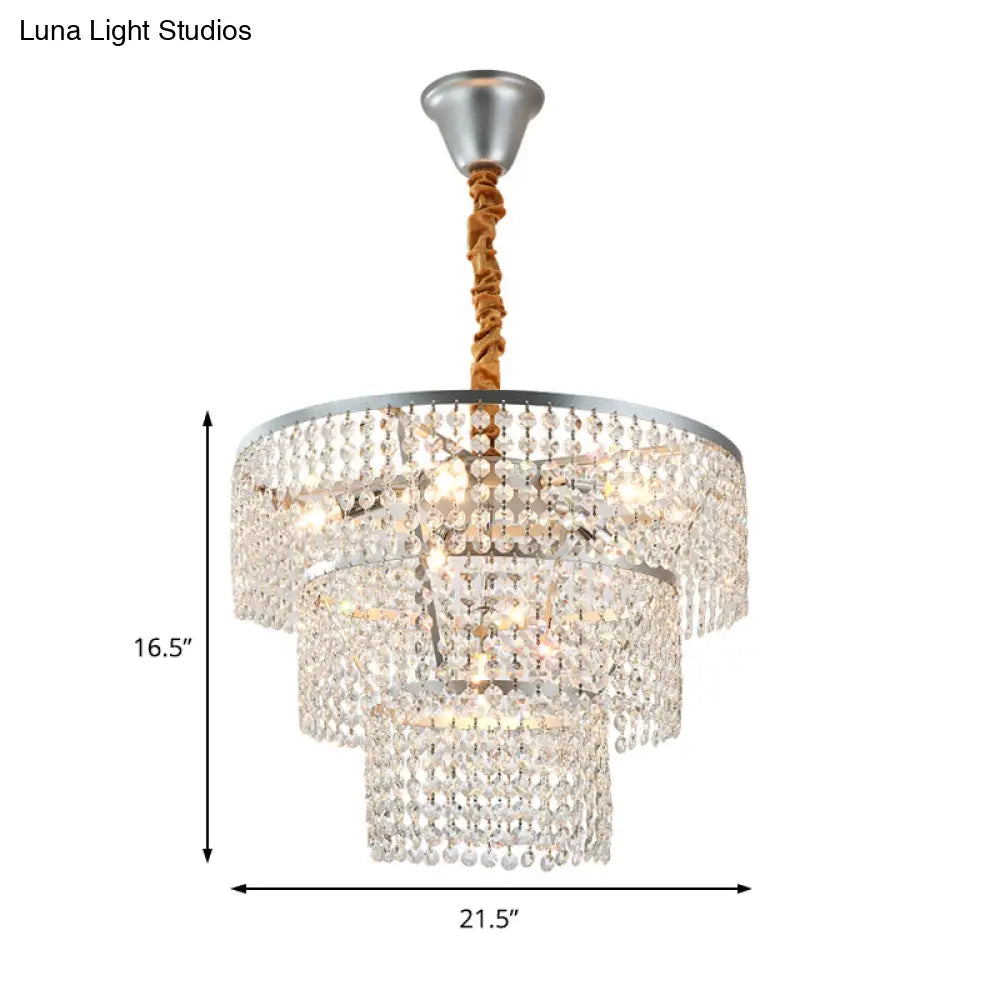 Contemporary Chrome Tiered Chandelier With Clear Crystal - 4/5/6 Lights 12’/16’/21.5’ Wide