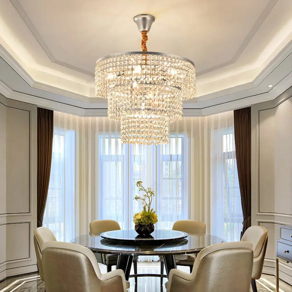 Contemporary Chrome Tiered Chandelier With Clear Crystal - 4/5/6 Lights 12’/16’/21.5’ Wide / 21.5’