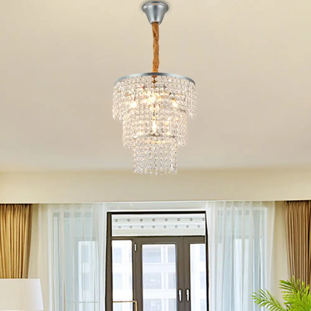 Contemporary Chrome Tiered Chandelier With Clear Crystal - 4/5/6 Lights 12’/16’/21.5’ Wide / 12’