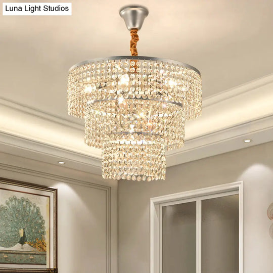 Contemporary Chrome Tiered Chandelier With Clear Crystal - 4/5/6 Lights 12’/16’/21.5’ Wide