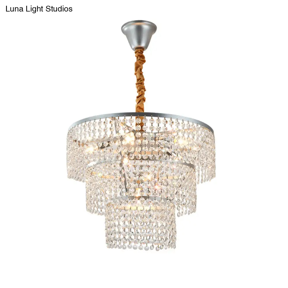 Contemporary Chrome Tiered Chandelier With Clear Crystal - 4/5/6 Lights 12’/16’/21.5’ Wide