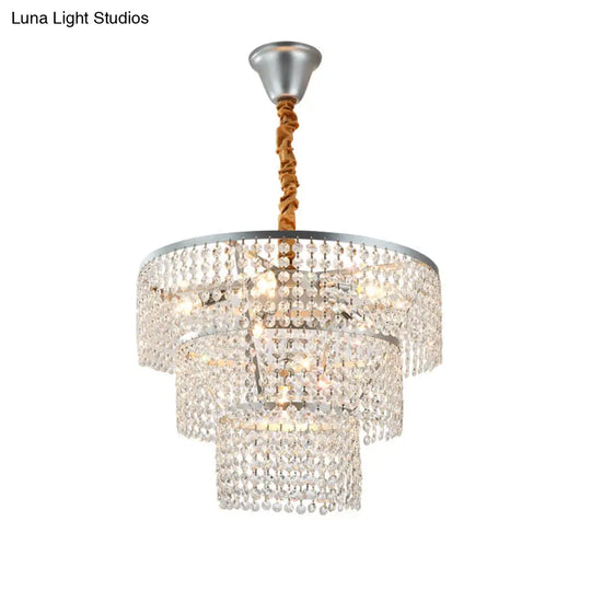 Contemporary Chrome Tiered Chandelier With Clear Crystal - 4/5/6 Lights 12’/16’/21.5’ Wide