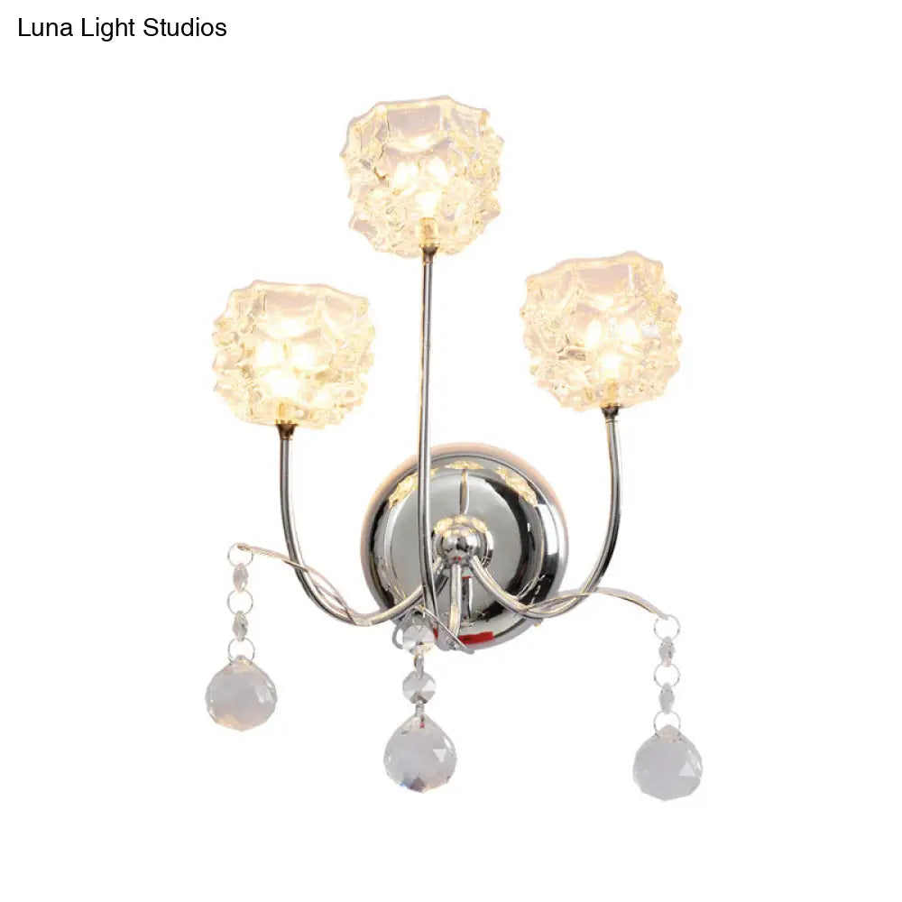 Contemporary Chrome Wall Sconce With Floral Crystal Shade - 3 Heads Curvy Metal Arm