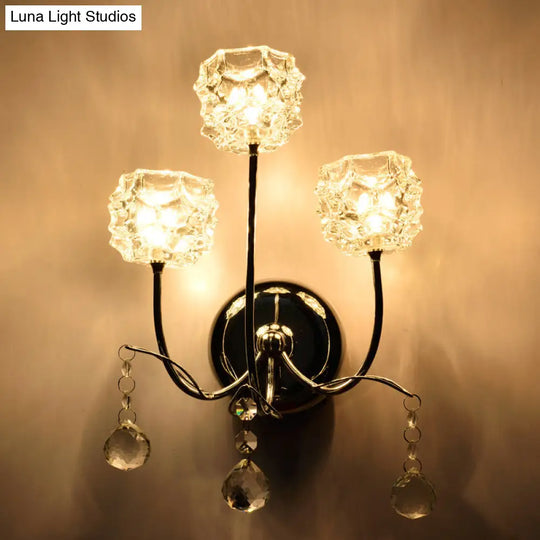 Contemporary Chrome Wall Sconce With Floral Crystal Shade - 3 Heads Curvy Metal Arm