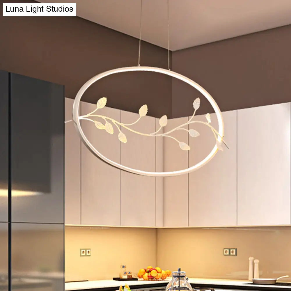 Acrylic Circle Pendant Light With Branch Decor For Modern Dining Room In White/Warm Led