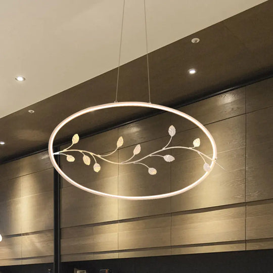 Contemporary Circle Pendant Light With Acrylic Shade & Branch Decor - White Led Ceiling Lamp For