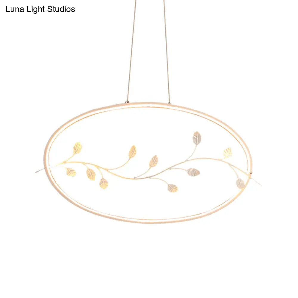 Contemporary Circle Pendant Light With Acrylic Shade & Branch Decor - White Led Ceiling Lamp For