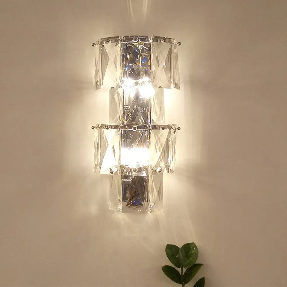 Contemporary Clear Crystal 4-Bulb Tiered Ice Cube Wall Lamp Kit - Modern Sconce Light Fixture