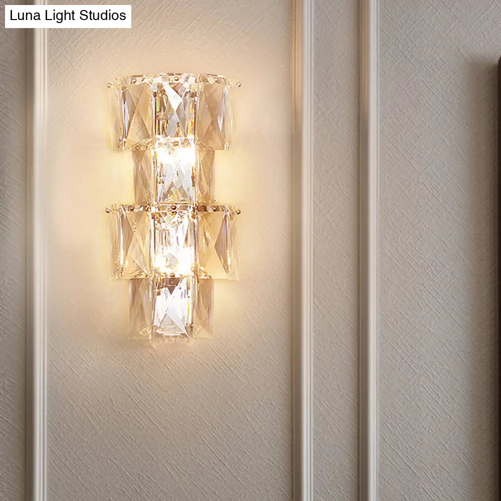 Contemporary Clear Crystal 4-Bulb Tiered Ice Cube Wall Lamp Kit - Modern Sconce Light Fixture