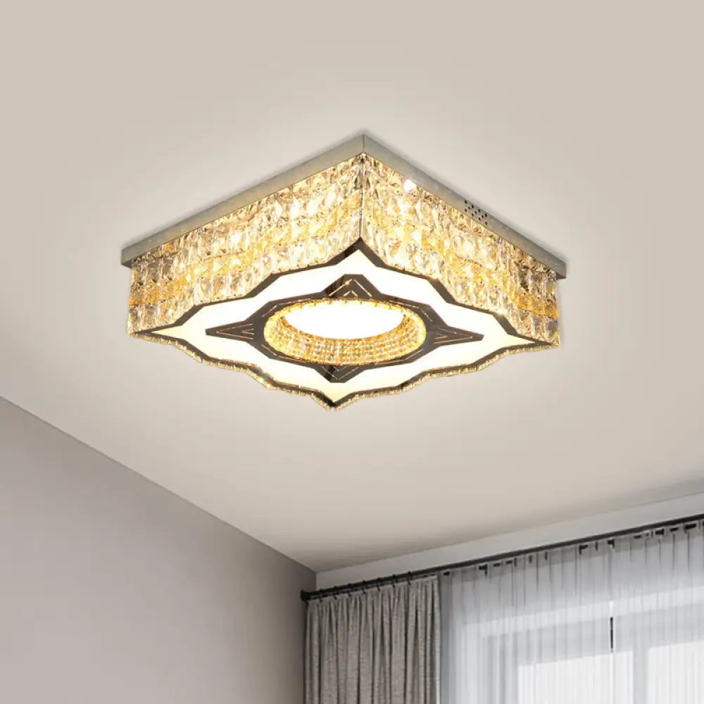 Contemporary Clear Crystal And Stainless-Steel Led Flush Mount Lamp With Curvy-Side Square Design
