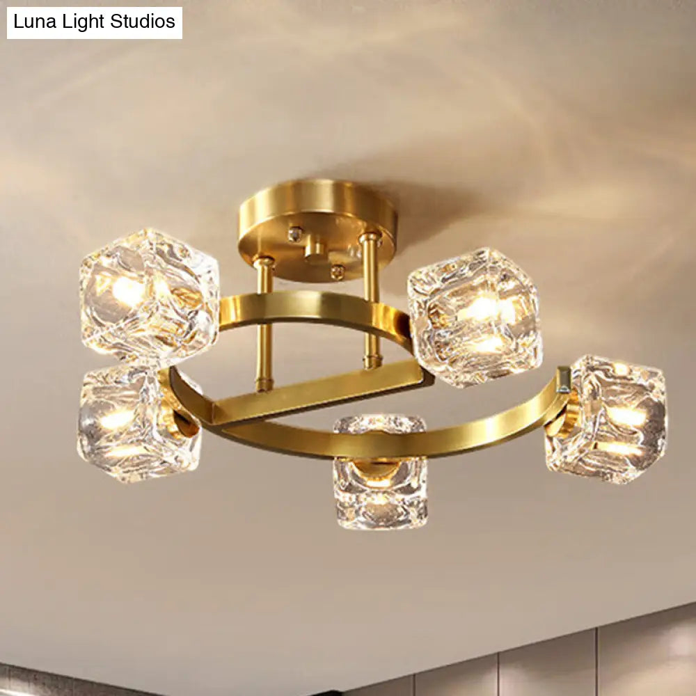 Contemporary Clear Crystal Ceiling Fixture With Semi-Flush Light 5/7 Heads In Gold