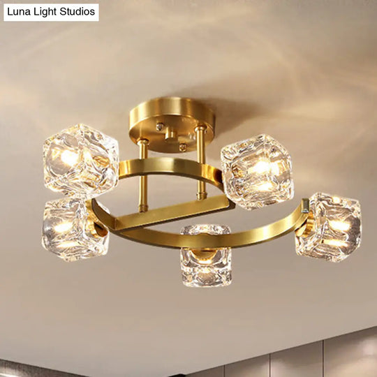 Contemporary Clear Crystal Ceiling Fixture With Semi-Flush Light 5/7 Heads In Gold