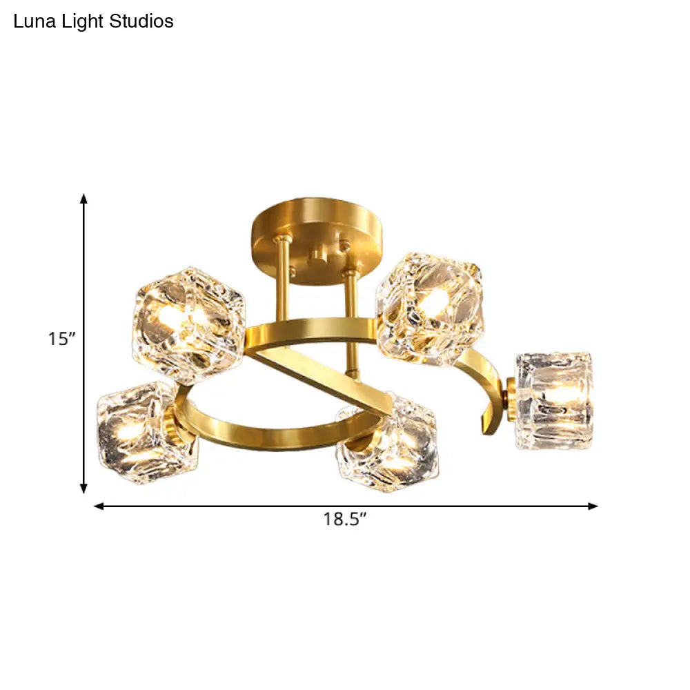 Contemporary Clear Crystal Ceiling Fixture With Semi - Flush Light 5/7 Heads In Gold