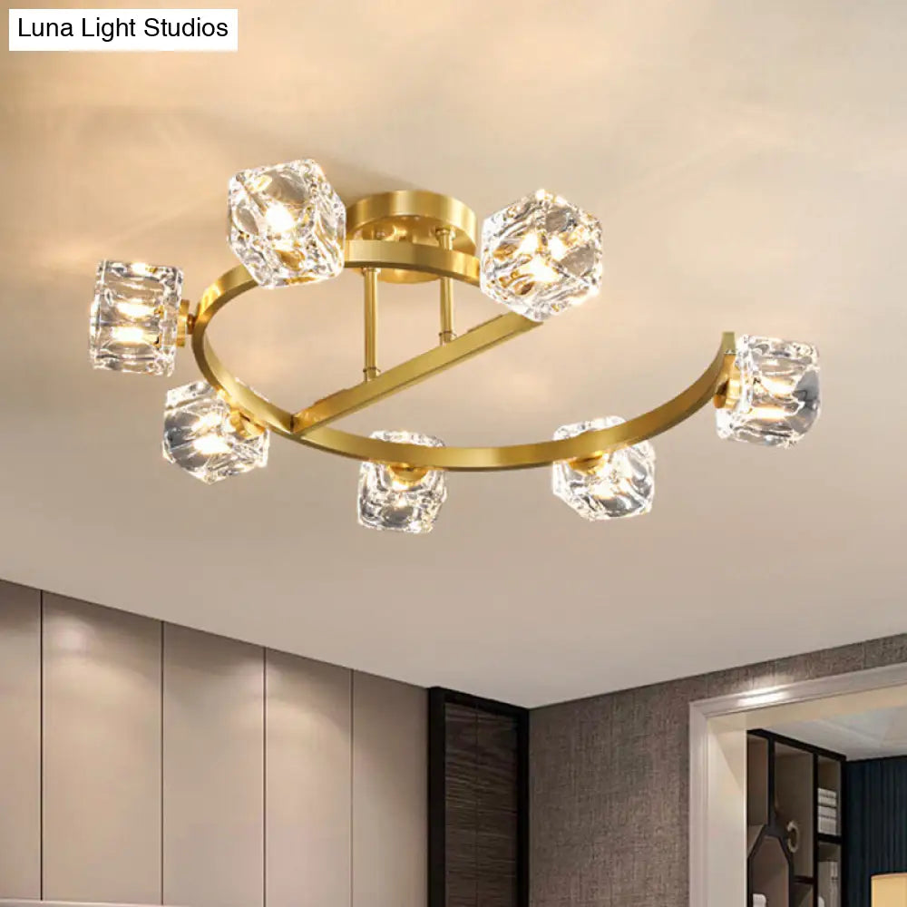 Contemporary Clear Crystal Ceiling Fixture With Semi-Flush Light 5/7 Heads In Gold 7 /