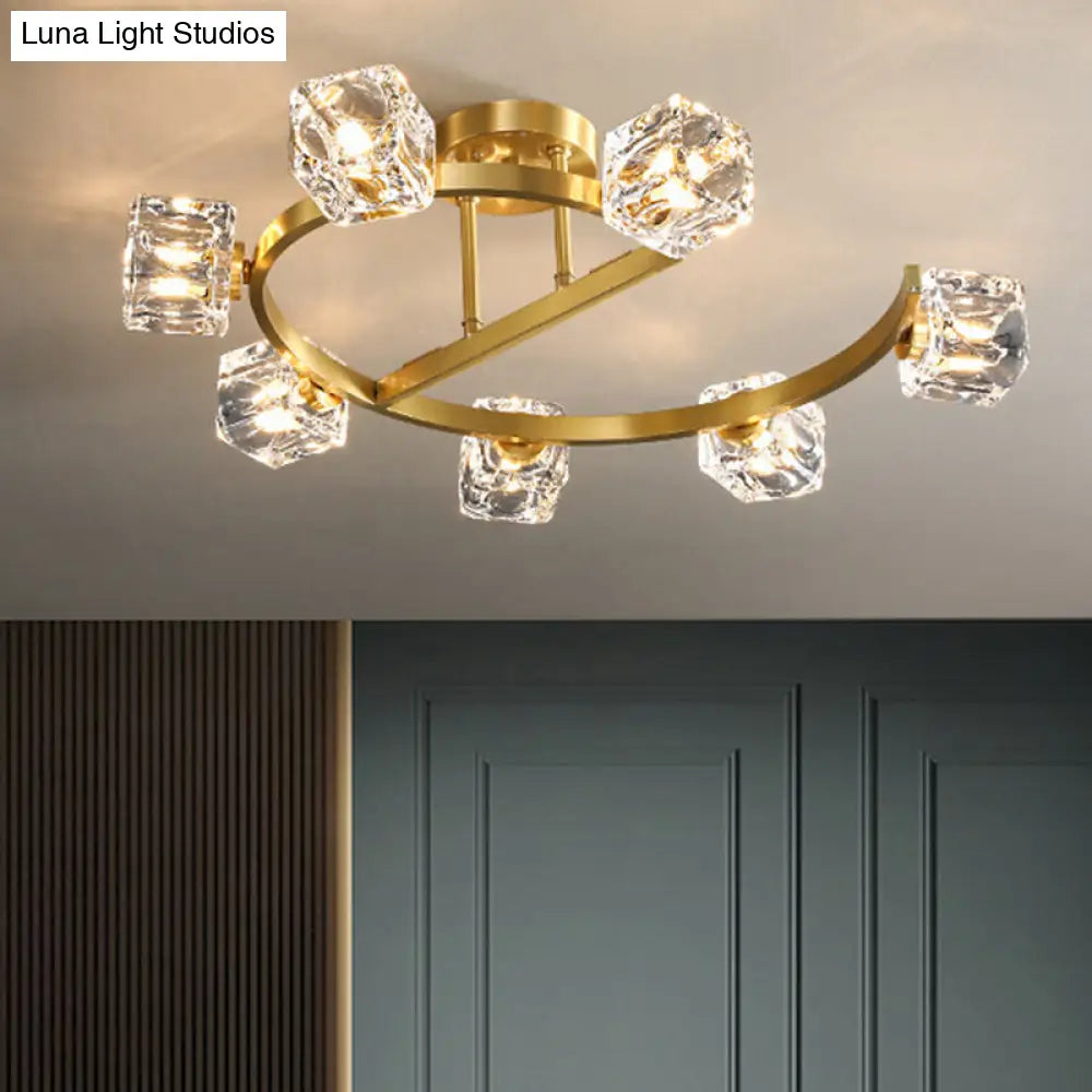 Contemporary Clear Crystal Ceiling Fixture With Semi-Flush Light 5/7 Heads In Gold