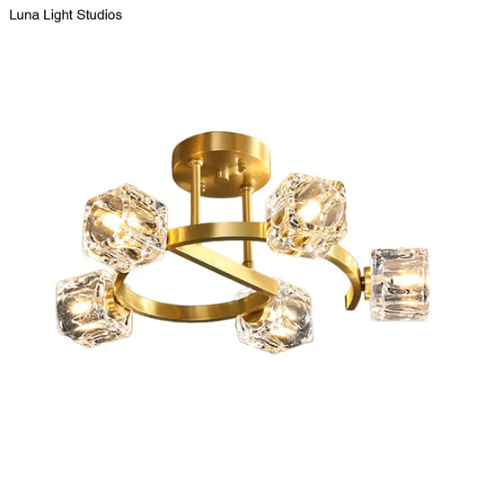 Contemporary Clear Crystal Ceiling Fixture With Semi - Flush Light 5/7 Heads In Gold