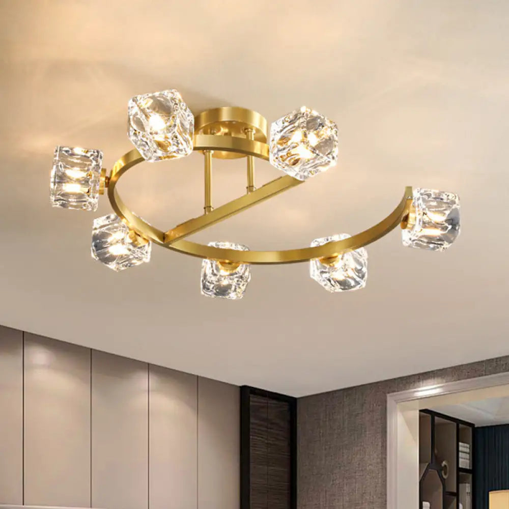 Contemporary Clear Crystal Ceiling Fixture With Semi - Flush Light 5/7 Heads In Gold 7 /
