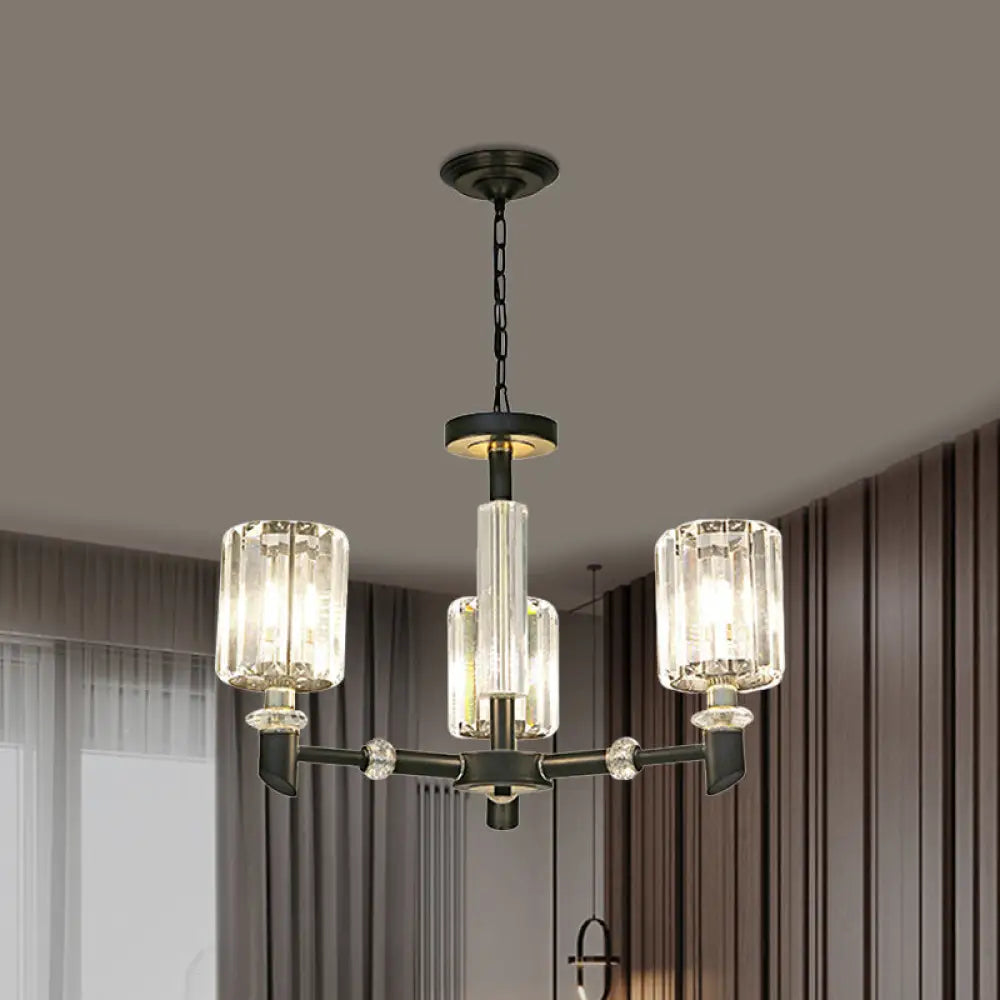 Contemporary Clear Crystal Chandelier With Black Metal Frame - 3/6 Bulb Cylinder Shade Ceiling