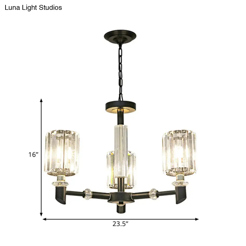 Contemporary Clear Crystal Chandelier With Black Metal Frame - 3/6 Bulb Cylinder Shade Ceiling Light