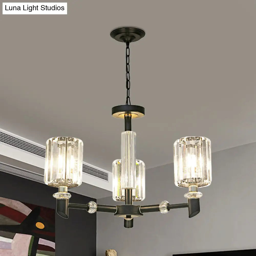 Contemporary 3/6 Bulb Clear Crystal Chandelier With Black Metal Frame