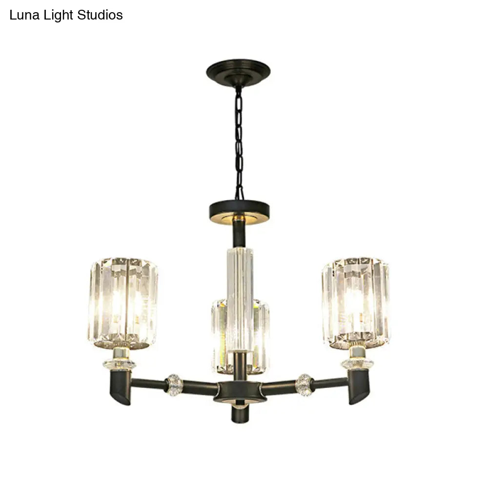 Contemporary Clear Crystal Chandelier With Black Metal Frame - 3/6 Bulb Cylinder Shade Ceiling Light