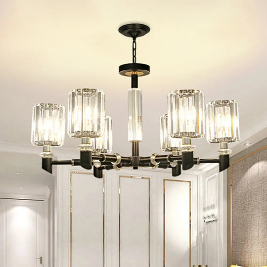 Contemporary Clear Crystal Chandelier With Black Metal Frame - 3/6 Bulb Cylinder Shade Ceiling