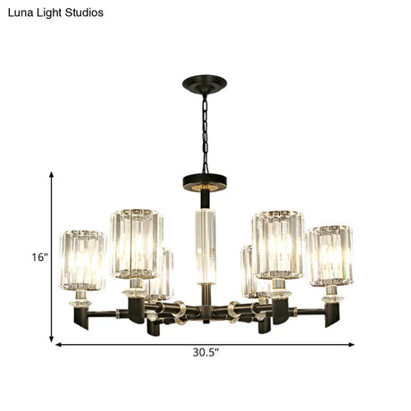 Contemporary Clear Crystal Chandelier With Black Metal Frame - 3/6 Bulb Cylinder Shade Ceiling Light