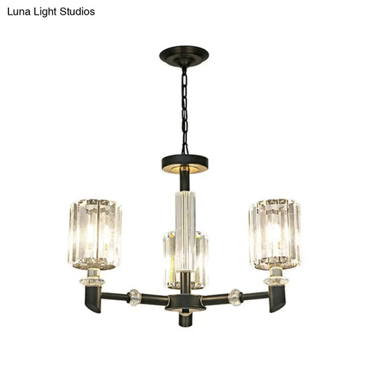 Contemporary 3/6 Bulb Clear Crystal Chandelier With Black Metal Frame