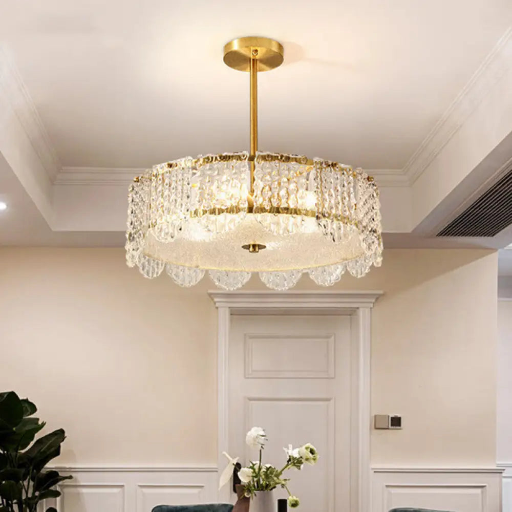 Contemporary Clear Crystal Chandelier With Drum Embossed Design - 4 Heads Bedroom Hanging Lamp Kit