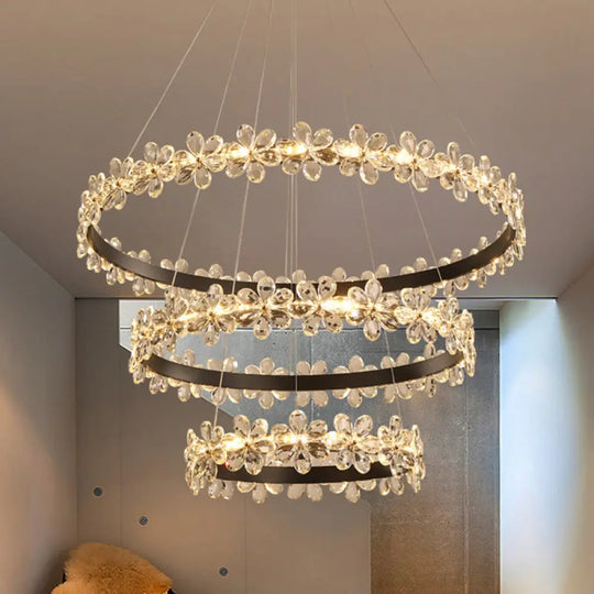 Contemporary Clear Crystal Chandelier With Flower Accents For Restaurant Hanging / 16’ + 23.5’