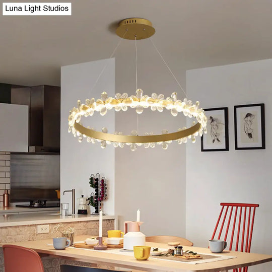 Modern Circle Chandelier With Clear Crystal And Flower Decoration - Perfect For Restaurants