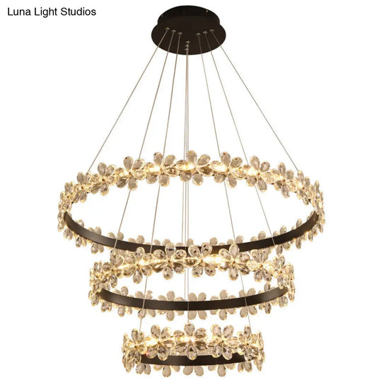 Modern Circle Chandelier With Clear Crystal And Flower Decoration - Perfect For Restaurants