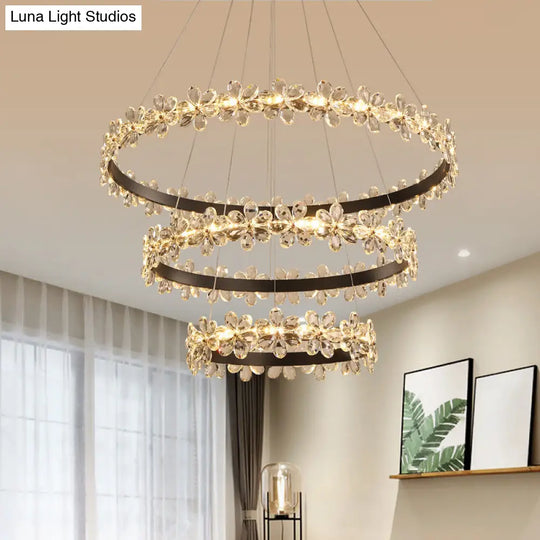 Contemporary Clear Crystal Chandelier With Flower Accents For Restaurant Hanging