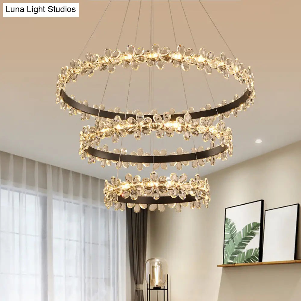 Modern Circle Chandelier With Clear Crystal And Flower Decoration - Perfect For Restaurants