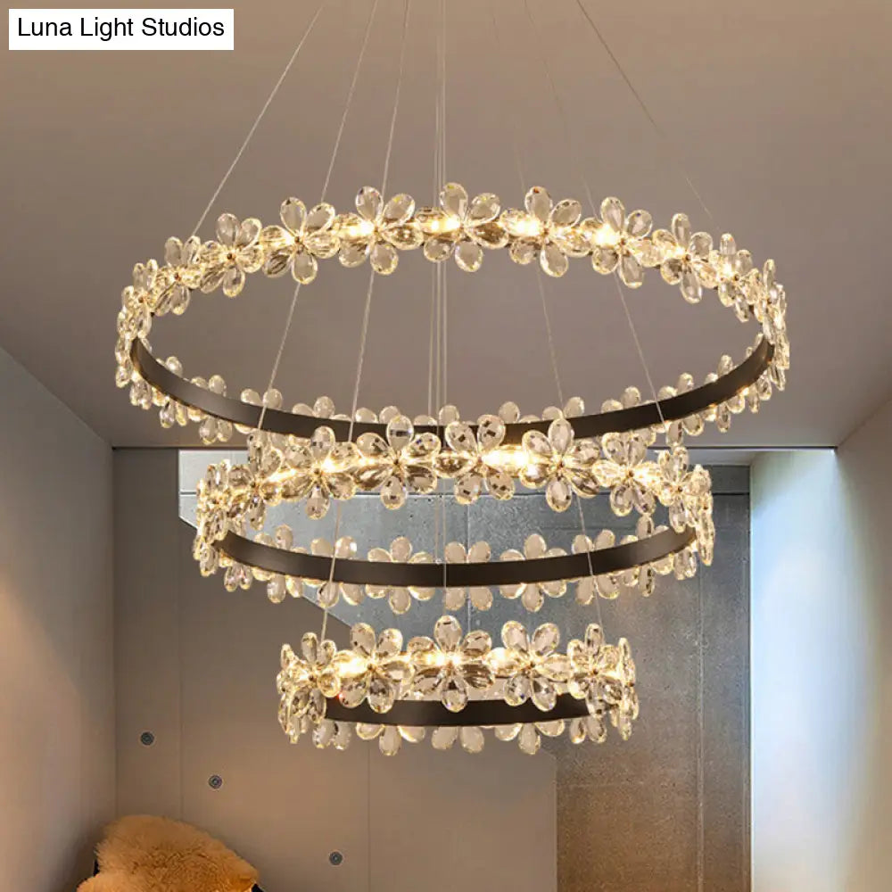 Modern Circle Chandelier With Clear Crystal And Flower Decoration - Perfect For Restaurants /