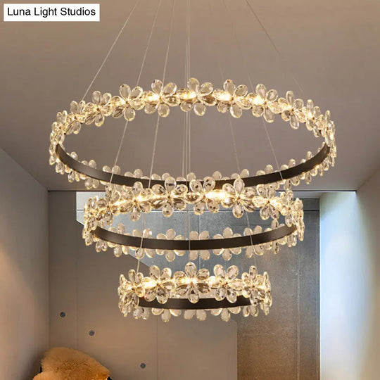 Modern Circle Chandelier With Clear Crystal And Flower Decoration - Perfect For Restaurants /