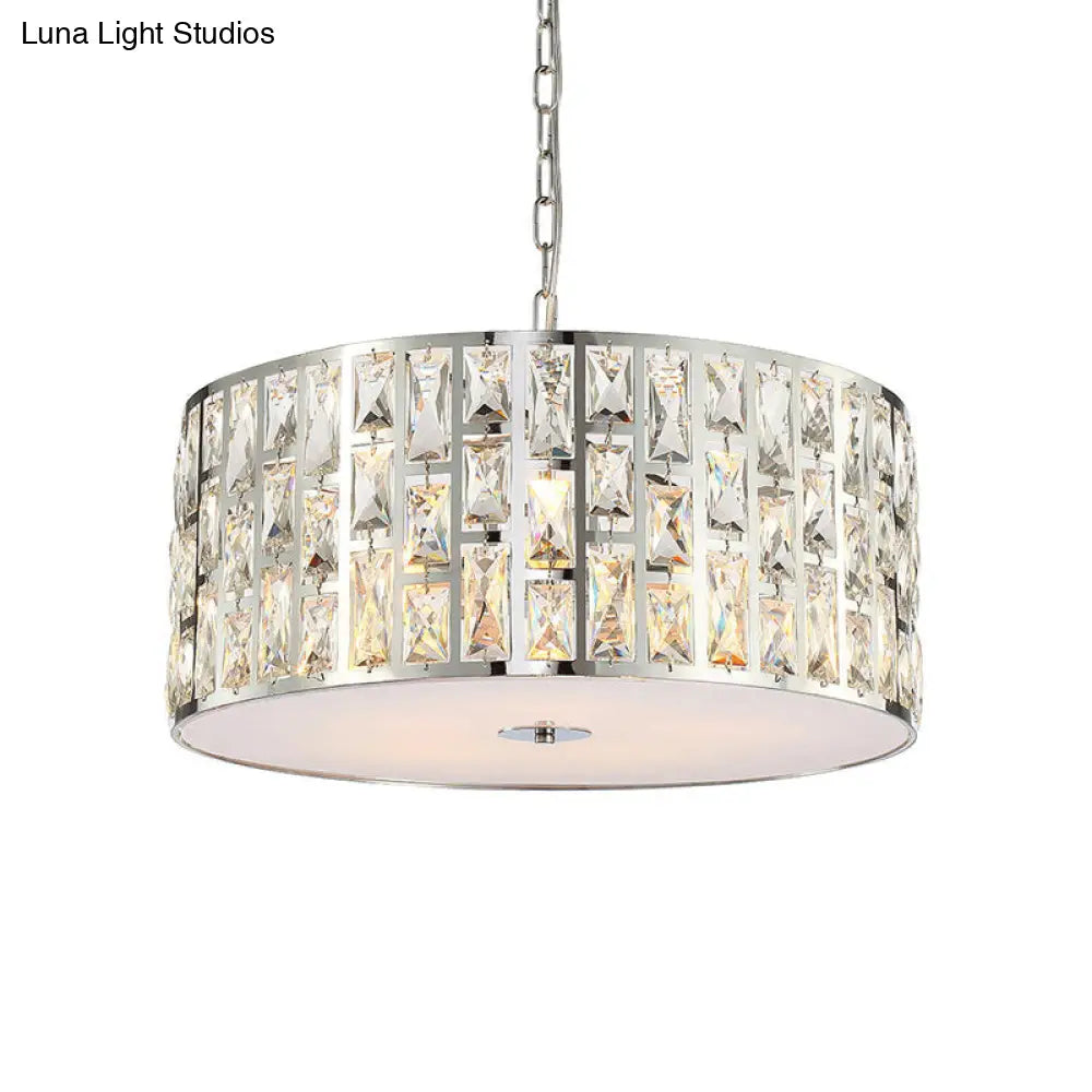 Contemporary Drum Chandelier: Clear Crystal Pendant Lamp With Metal Chain Chrome Finish For Bedroom