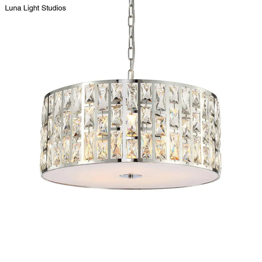 Contemporary Drum Chandelier: Clear Crystal Pendant Lamp With Metal Chain Chrome Finish For Bedroom